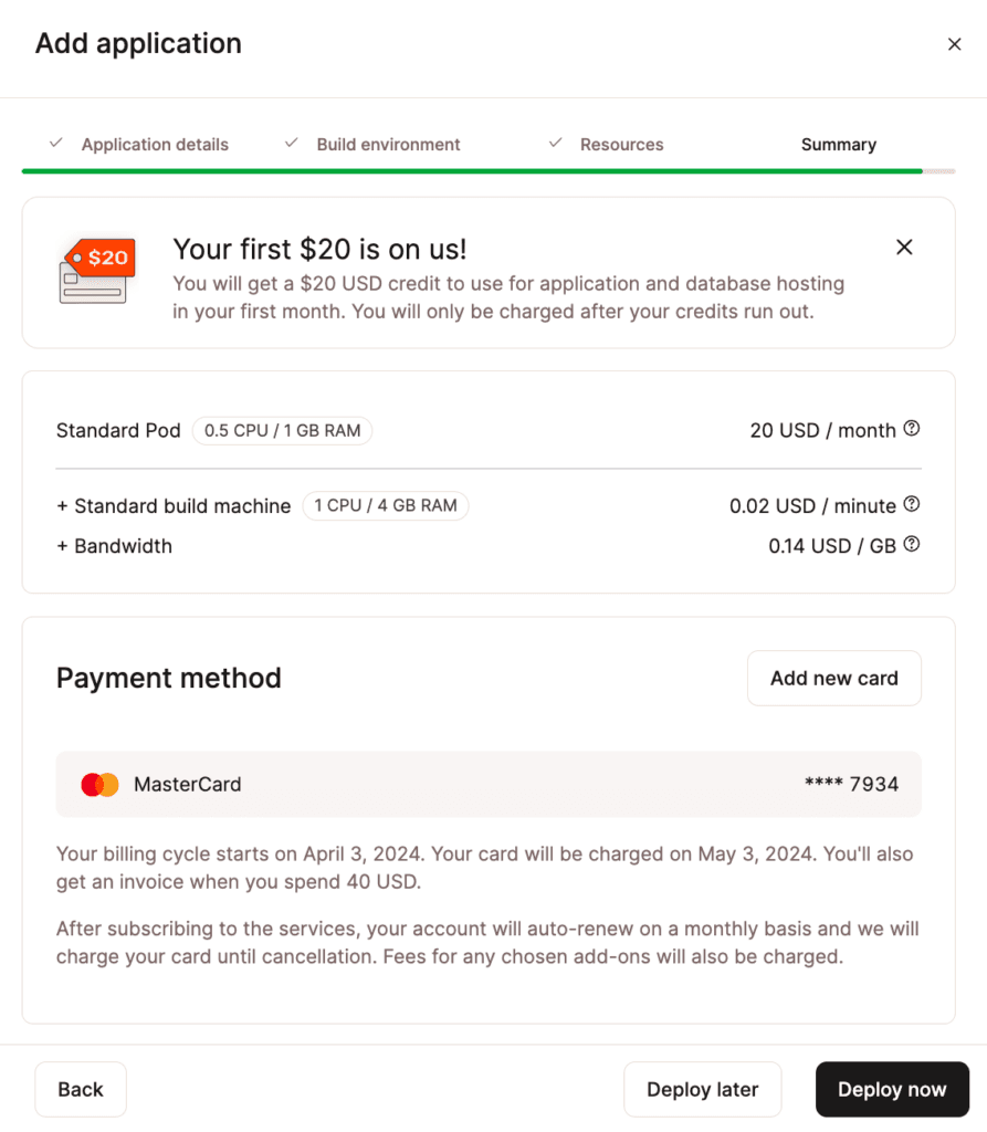 Review and confirm your application&#39;s monthly usage costs and payment method.