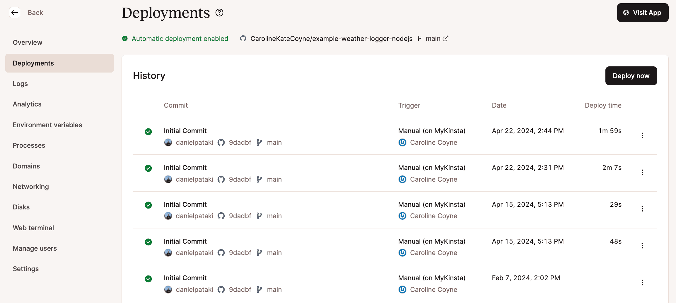 View your application's deployments and history in Sevalla.